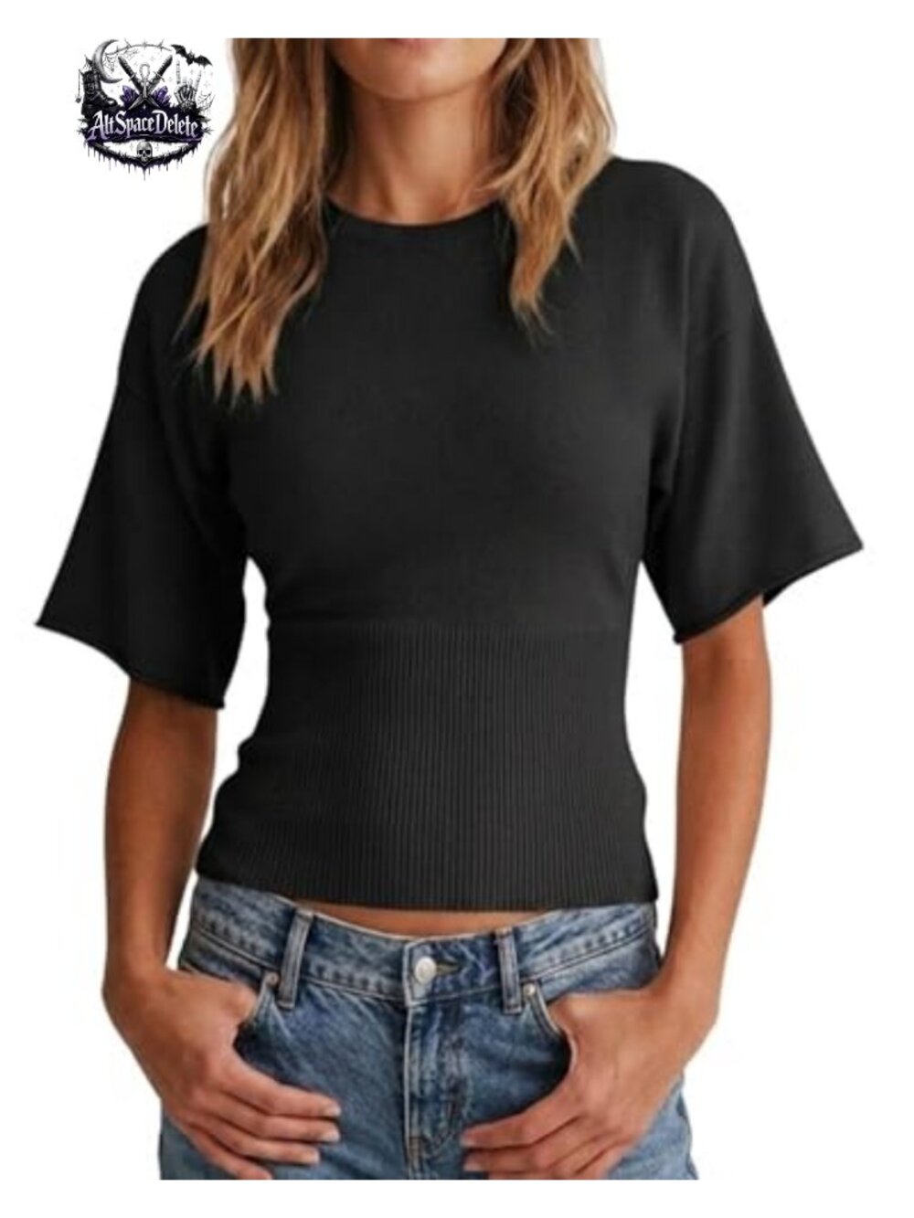 Womens Short Sleeve Ribbed Waist Knit Sweater Top Fitted Crew Neck Summer